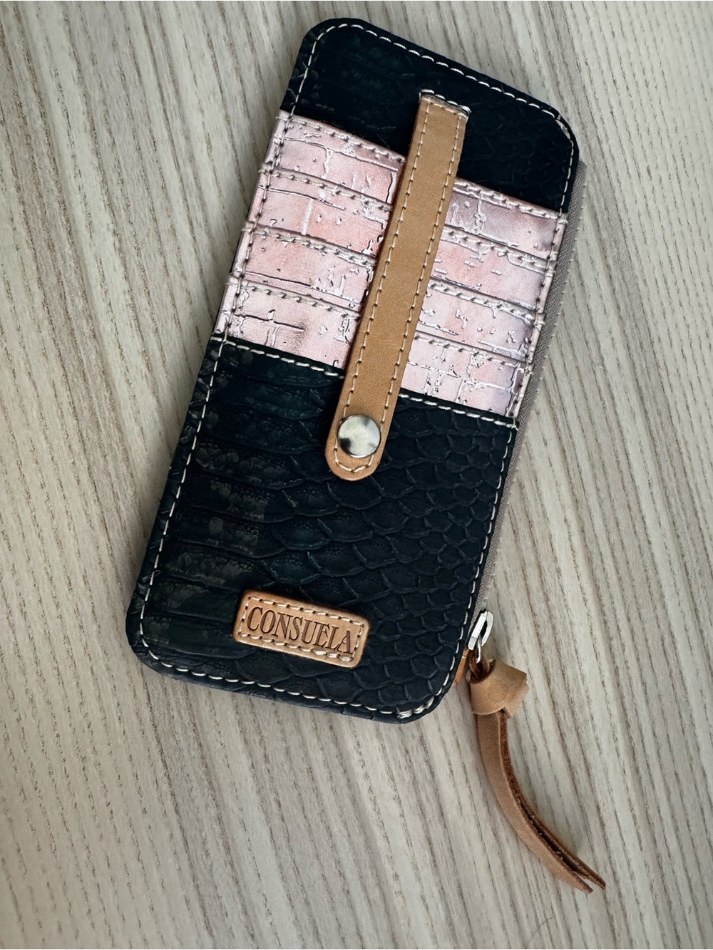 Consuela Black Metallic Pink Snakeskin Card Organizer Wallet